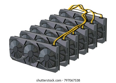 Crypto currency farm for bitcoin mining. Video card with three coolers. Vector image.