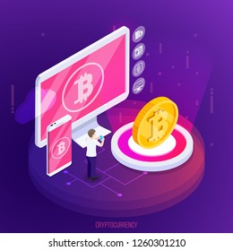 Crypto currency financial technology isometric composition with electronic devices and golden coin on purple background vector illustration