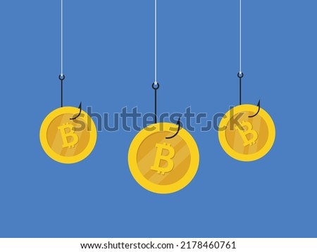 A crypto currency fraud concept. bitcoin on a fishing hooks