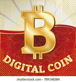 Crypto currency with golden bitcoin symbol on red background. Vector illustration. Use for logos, print products, page and web decor or other design.