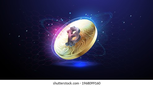 Crypto currency golden coin bitcoin symbol. Stock vector illustration.