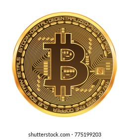 Crypto currency golden coin with golden bitcoin symbol on obverse isolated on white background. Vector illustration. Use for logos, print products, page and web decor or other design.