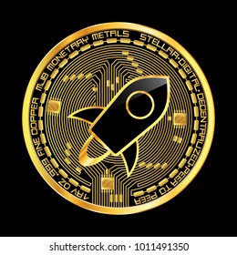 Crypto currency golden coin with black lackered stellar symbol on obverse isolated on black background. Vector illustration. Use for logos, print products, page and web decor or other design.