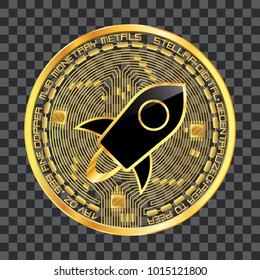 Crypto currency golden coin with black lackered stellar symbol on obverse isolated on transparent background. Vector illustration. Use for logos, print products, web decor or other design.