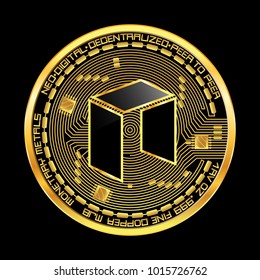 Crypto currency golden coin with black lackered neo symbol on obverse isolated on black background. Vector illustration. Use for logos, print products, page and web decor or other design.