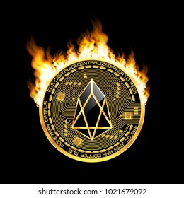 Crypto currency golden coin with black lackered eos symbol on obverse surrounded by realistic flame and isolated on black background. Vector illustration.