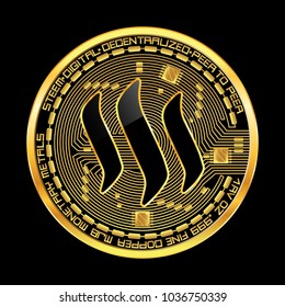 Crypto currency golden coin with black lackered steem symbol on obverse isolated on black background. Vector illustration. Use for logos, print products, page and web decor or other design.