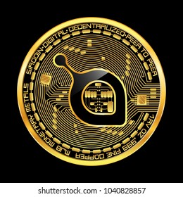 Crypto currency golden coin with black lackered siacoin symbol on obverse isolated on black background. Vector illustration. Use for logos, print products, page and web decor or other design.