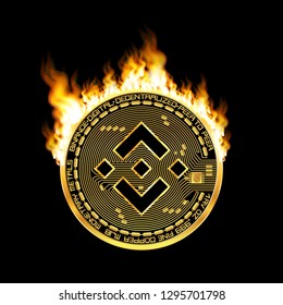 Crypto currency golden coin with black lackered binance symbol on obverse surrounded by realistic flame and isolated on black background. Vector illustration.