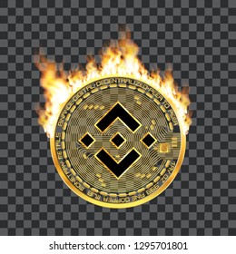 Crypto currency golden coin with black lackered binance symbol on obverse surrounded by realistic flame and isolated on transparent background. Vector illustration.