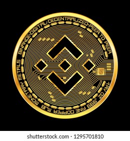 Crypto currency golden coin with black lackered binance symbol on obverse isolated on black background. Vector illustration. Use for logos, print products, page and web decor or other design.