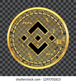 Crypto currency golden coin with black lackered binance symbol on obverse isolated on transparent background. Vector illustration. Use for logos, print products, web decor or other design.