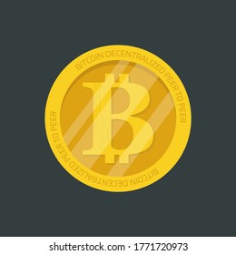 Crypto currency golden coin with black lackered bitcoin symbol on obverse isolated on black background. Vector illustration. Use for logos, print products, page and web decor or other design.