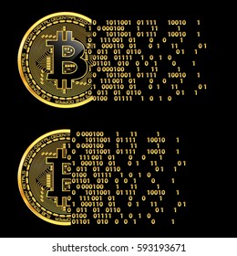 Crypto currency golden coin with black lackered bitcoin symbol on obverse isolated on black background. Vector illustration. Use for logos, print products, page and web decor or other design.