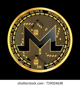 Crypto currency golden coin with black lackered monero symbol on obverse isolated on black background. Vector illustration. Use for logos, print products, page and web decor or other design.