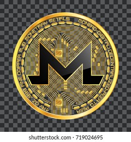 Crypto currency golden coin with black lackered monero symbol on obverse isolated on transparent background. Vector illustration. Use for logos, print products, web decor or other design.