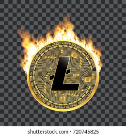 Crypto currency golden coin with black lackered litecoin symbol on obverse surrounded by realistic flame and isolated on transparent background. Vector illustration.