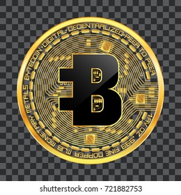 Crypto currency golden coin with black lackered bytecoin symbol on obverse isolated on transparent background. Vector illustration. Use for logos, print products, web decor or other design.