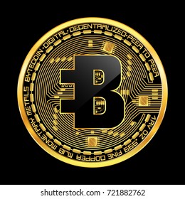 Crypto currency golden coin with black lackered bytecoin symbol on obverse isolated on black background. Vector illustration. Use for logos, print products, page and web decor or other design.