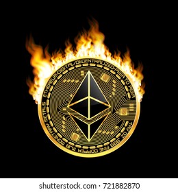 Crypto currency golden coin with black lackered ethereum symbol on obverse surrounded by realistic flame and isolated on black background. Vector illustration.