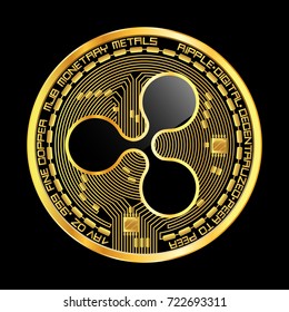 Crypto currency golden coin with black lackered ripple symbol on obverse isolated on black background. Vector illustration. Use for logos, print products, page and web decor or other design.