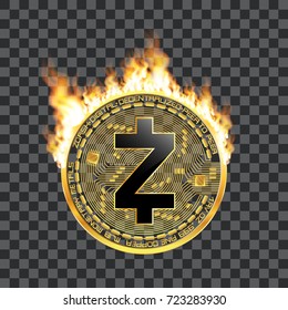 Crypto currency golden coin with black lackered zcash symbol on obverse surrounded by realistic flame and isolated on transparent background. Vector illustration.