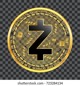 Crypto currency golden coin with black lackered zcash symbol on obverse isolated on transparent background. Vector illustration. Use for logos, print products, web decor or other design.