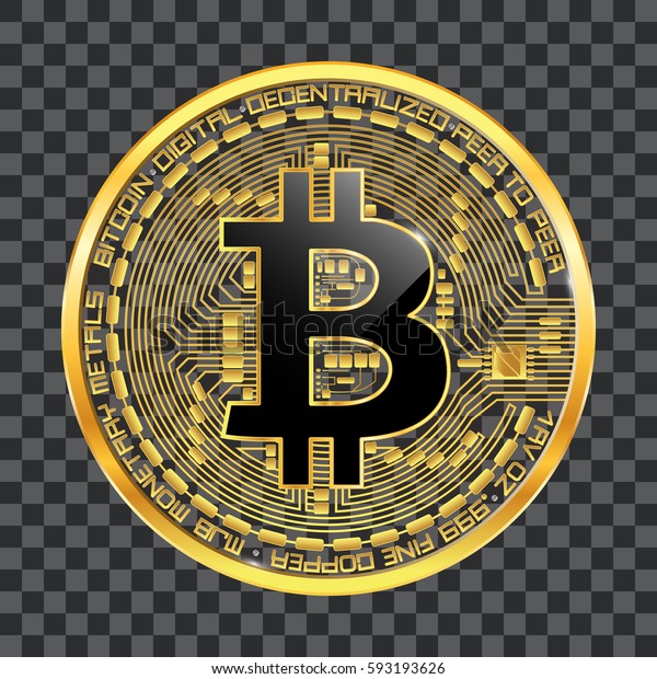 透明な背景に黒い漆黒のビットコインシンボルを持つ 暗号通貨の金貨