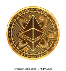 Crypto currency golden coin with golden ethereum symbol on obverse isolated on white background. Vector illustration. Use for logos, print products, page and web decor or other design.