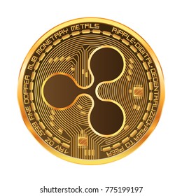 Crypto currency golden coin with gold ripple symbol on obverse isolated on white background. Vector illustration. Use for logos, print products, page and web decor or other design.