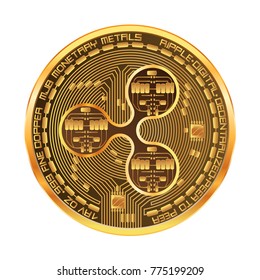 Crypto currency golden coin with gold ripple symbol on obverse isolated on white background. Vector illustration. Use for logos, print products, page and web decor or other design.