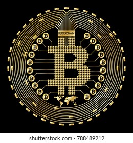 Crypto currency golden coin on black background. Vector illustration. Use for logos, print products, page and web decor or other design.