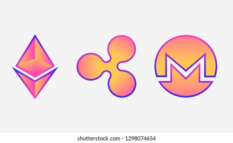 Crypto currency gradient icons set, ethereum, monero, ripple, Cryptocurrency logo set, modern gradient cryptocurrency concept   - Vector