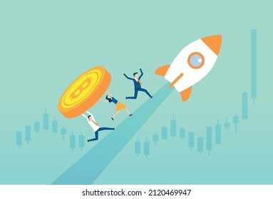 Crypto currency graph flying high to the moon, rocket stock make profit investment, trading stock, crypto price rising, Vector illustration design concept in flat style svg
