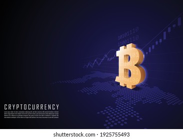 crypto currency grobal world, bitcoin symbol with incresing graph.
vector illustration.