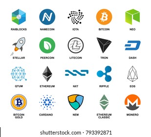 Crypto currency icon big set flat logo isolated on white background. Main blockchain cryptocurrencies collection for buying and trading network. Vector illustration