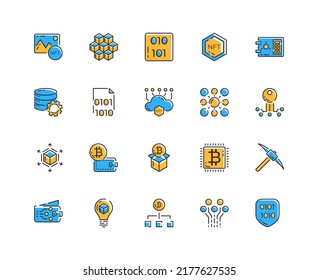 Icono de divisa criptográfica. Bitcoin, NFT, estilo de línea de bloqueo. Dinero criptográfico. Concepto de dinero digital. Concepto de ilustración vectorial.
