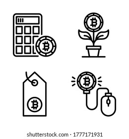 Juego de iconos de moneda criptográfica = bitcoin calculadora, crecimiento de bitcoin, etiqueta de precio, clic en bitcoin.
Perfecto para aplicaciones móviles web, presentación, ilustración y cualquier otro proyecto.
