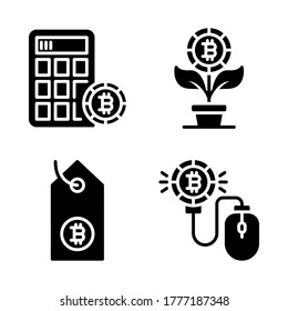 Crypto currency icon set = calculator bitcoin, bitcoin growth, price tag, click bitcoin.
Perfect for website mobile app, presentation, illustration and any other projects.