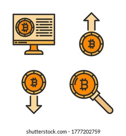 Crypto currency icon set (Filled Line)= monitor, bitcoin deposit, bitcoin withdraw, search bitcoin.
Perfect for website mobile app, presentation, illustration and any other projects.