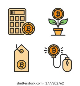 Juego de iconos de divisa criptográfica (Línea rellenada) = bitcoin calculadora, crecimiento de bitcoin, etiqueta de precio, clic en bitcoin.
Perfecto para aplicaciones móviles web, presentación, ilustración y cualquier otro proyecto.