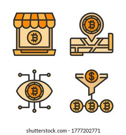 Juego de iconos de moneda criptográfica (línea rellenada) = bitcoin de comercio portátil, mapa, bitcoin de ojos, embudo.
Perfecto para aplicaciones móviles web, presentación, ilustración y cualquier otro proyecto.