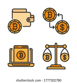 Crypto currency icon set (Filled Line) = wallet bitcoin, exchange, laptop, law balance.
Perfect for website mobile app, presentation, illustration and any other projects.