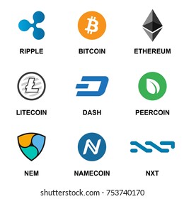 Crypto currency icon set flat logo isolated on white background. Main blockchain cryptocurrencies collection for buying and trading network. Vector illustration