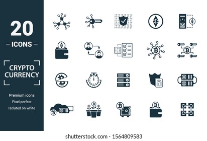 Crypto Currency icon set. Include creative elements decentralized, encrypted, ethereum wallet, node, halving icons. Can be used for report, presentation, diagram, web design.