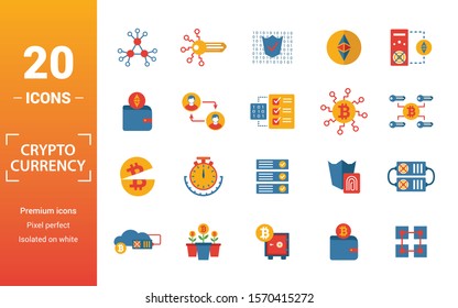 Crypto Currency icon set. Include creative elements decentralized, encrypted, ethereum wallet, node, halving icons. Can be used for report, presentation, diagram, web design.