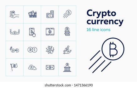 Crypto currency icon set. Set of line icons on white background. Purse, bitcoin, bank. Crypto currency concept. Vector illustration can be used for topics like banking, mining, investment