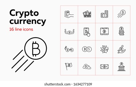 Crypto currency icon set. Set of line icons on white background. Purse, bitcoin, bank. Crypto currency concept. Vector illustration can be used for topics like banking, mining, investment