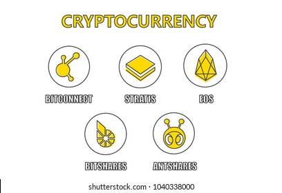 Crypto currency icon set on black outline style. Best vector