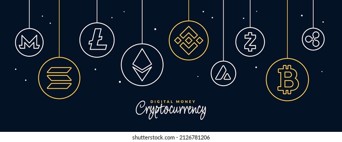 Crypto currency icons background, Digital money exchange of Blockchain technology banner, Cryptocurrency mining and financial concept